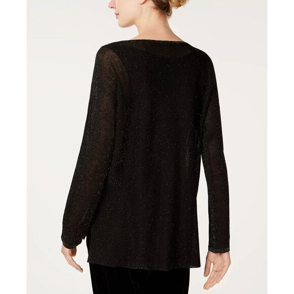 Eileen Fisher Women's Organic Linen Blend Crepe Sparkle Pullover in Black & Gold - Picture 3 of 10